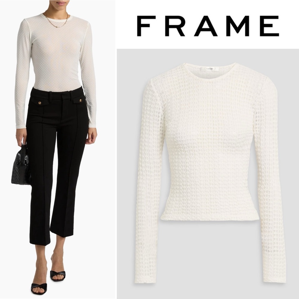 Frame The Mesh Polka Dot Top in Cream Off White S Sheer Cewneck Long Sleeve $278 - Picture 3 of 16